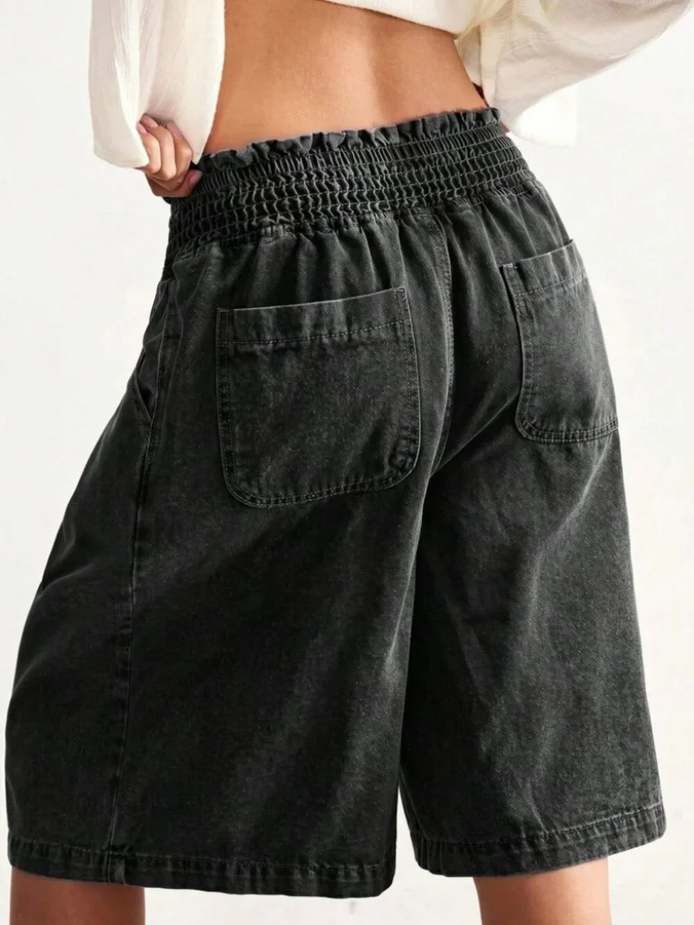 Black Denim Bermuda Shorts - Smocked Waist Drawstring